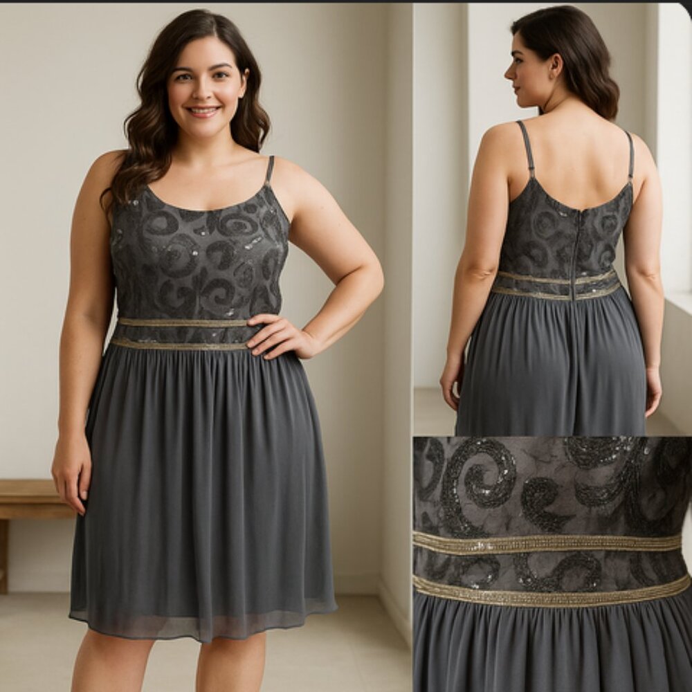 BCX Charcoal Sequin Overlay Party Dress – Size 16W – New w/ Tags - Picture 6 of 16